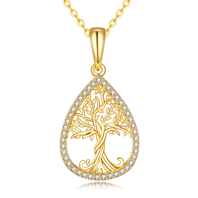 14K Gold Cubic Zirkonia Baum des Lebens & Drop Form Anhänger Halskette-1