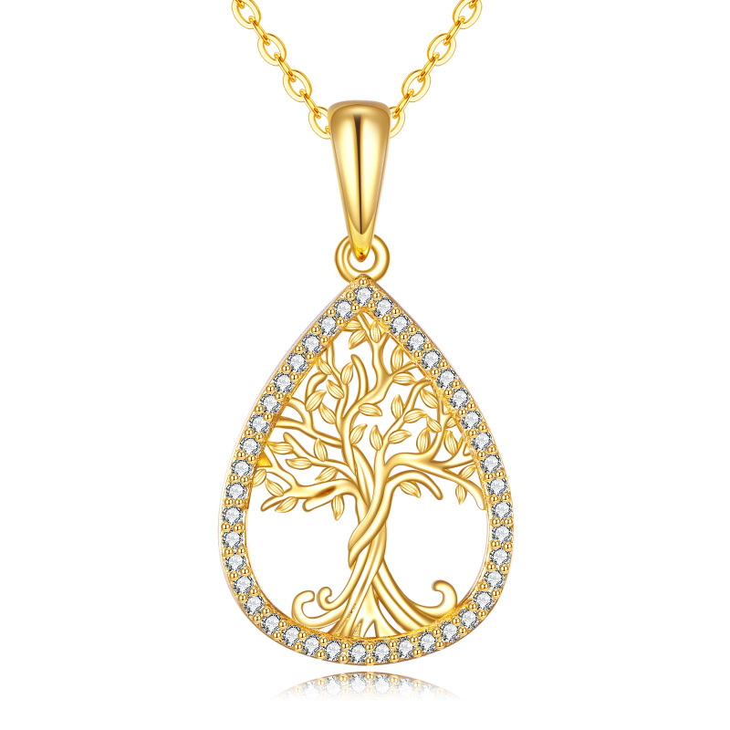 10K Gold Cubic Zirconia Tree Of Life & Drop Shape Pendant Necklace-19