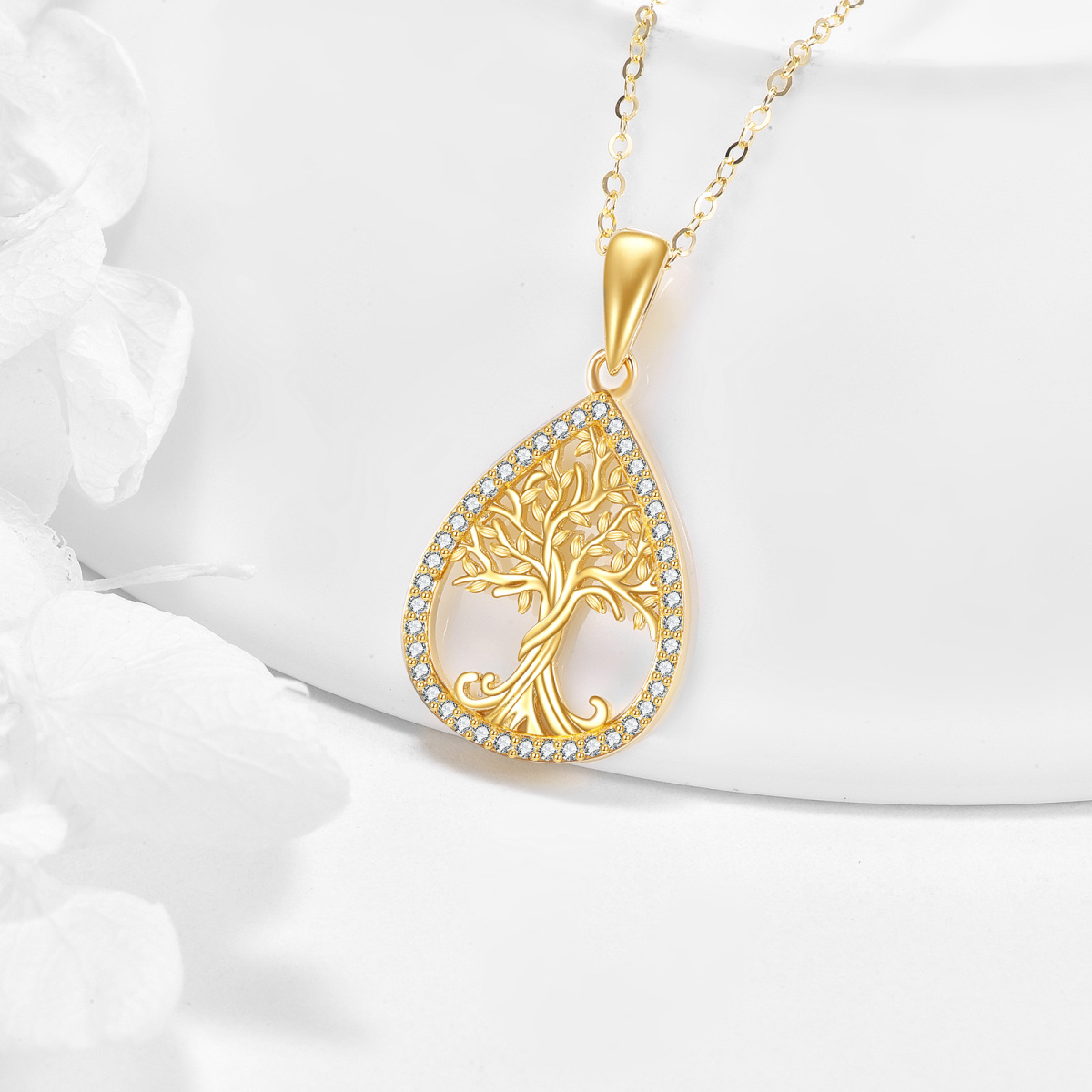 Collana con ciondolo a forma di albero della vita e goccia in oro 14K con zirconia cubica-3