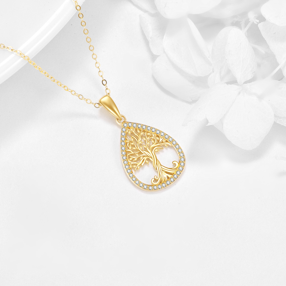 Collana con ciondolo a forma di albero della vita e goccia in oro 14K con zirconia cubica-4