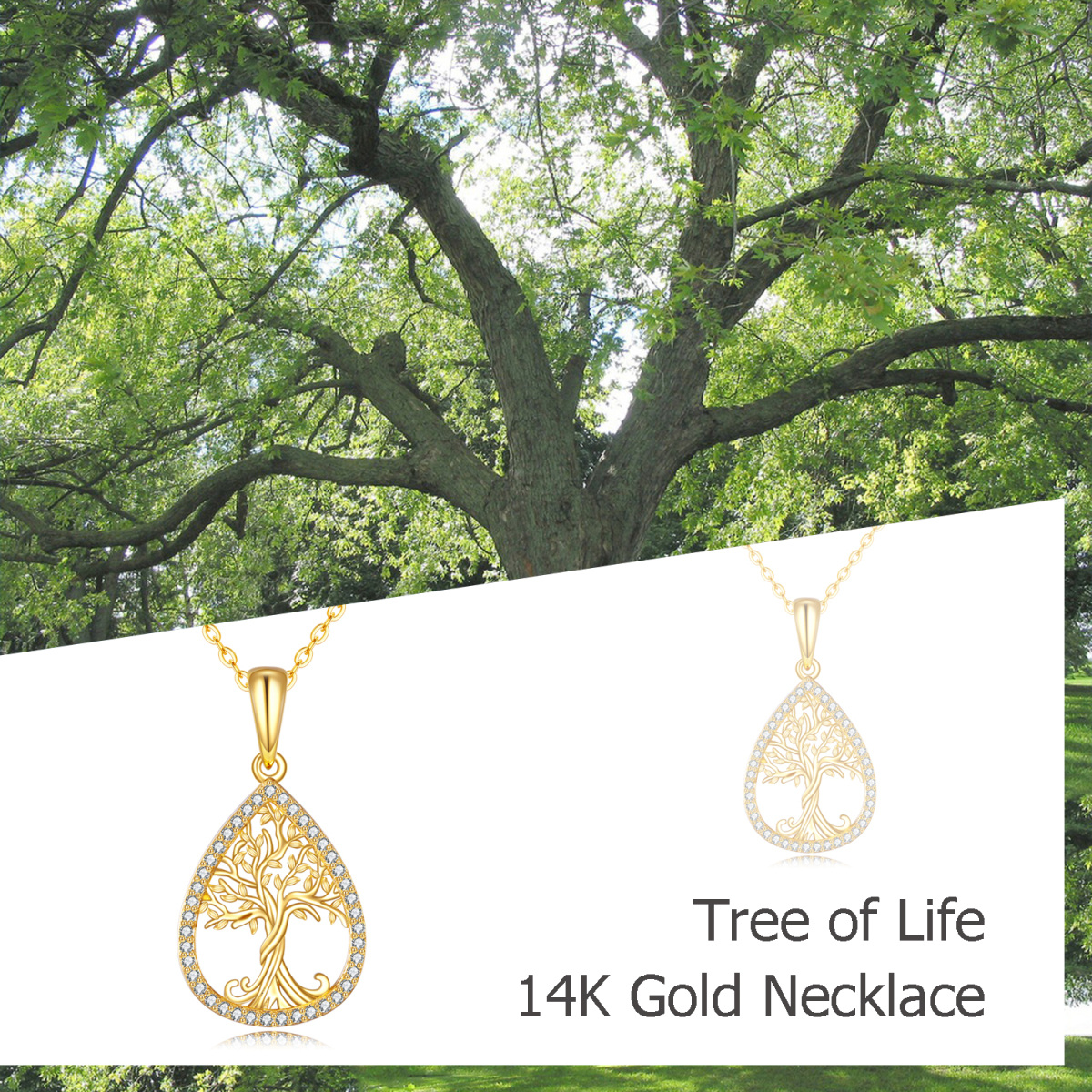 10K Gold Cubic Zirconia Tree Of Life & Drop Shape Pendant Necklace-5