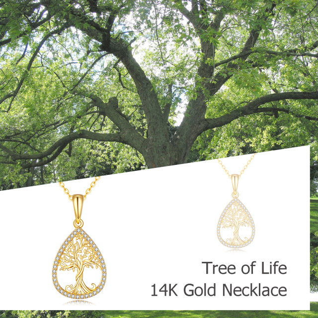 14K Gold Cubic Zirkonia Baum des Lebens & Drop Form Anhänger Halskette-5