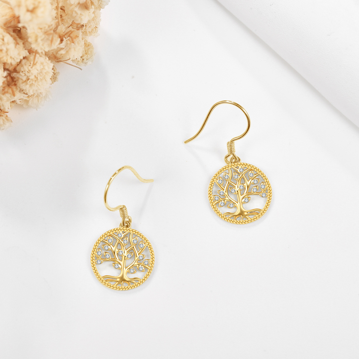 10K Gold Moissanite Tree Of Life Drop Earrings-3