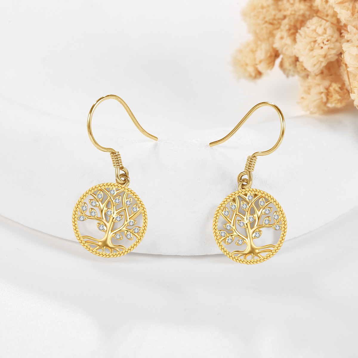 10K Gold Moissanite Tree Of Life Drop Earrings-4