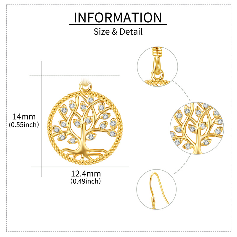 Orecchini pendenti in oro 10K con moissanite e albero della vita-5