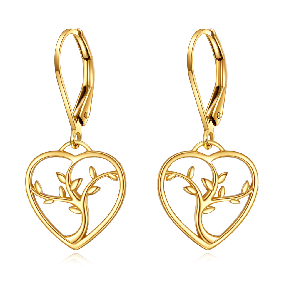 10K Gold Tree Of Life & Heart Drop Earrings-1