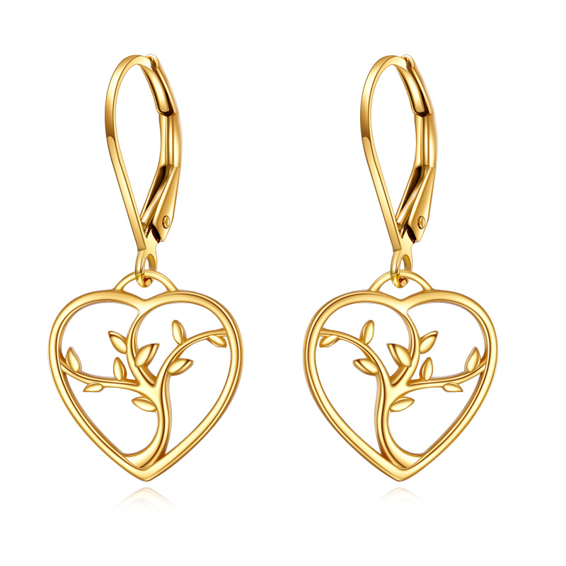 10K Gold Tree Of Life & Heart Drop Earrings