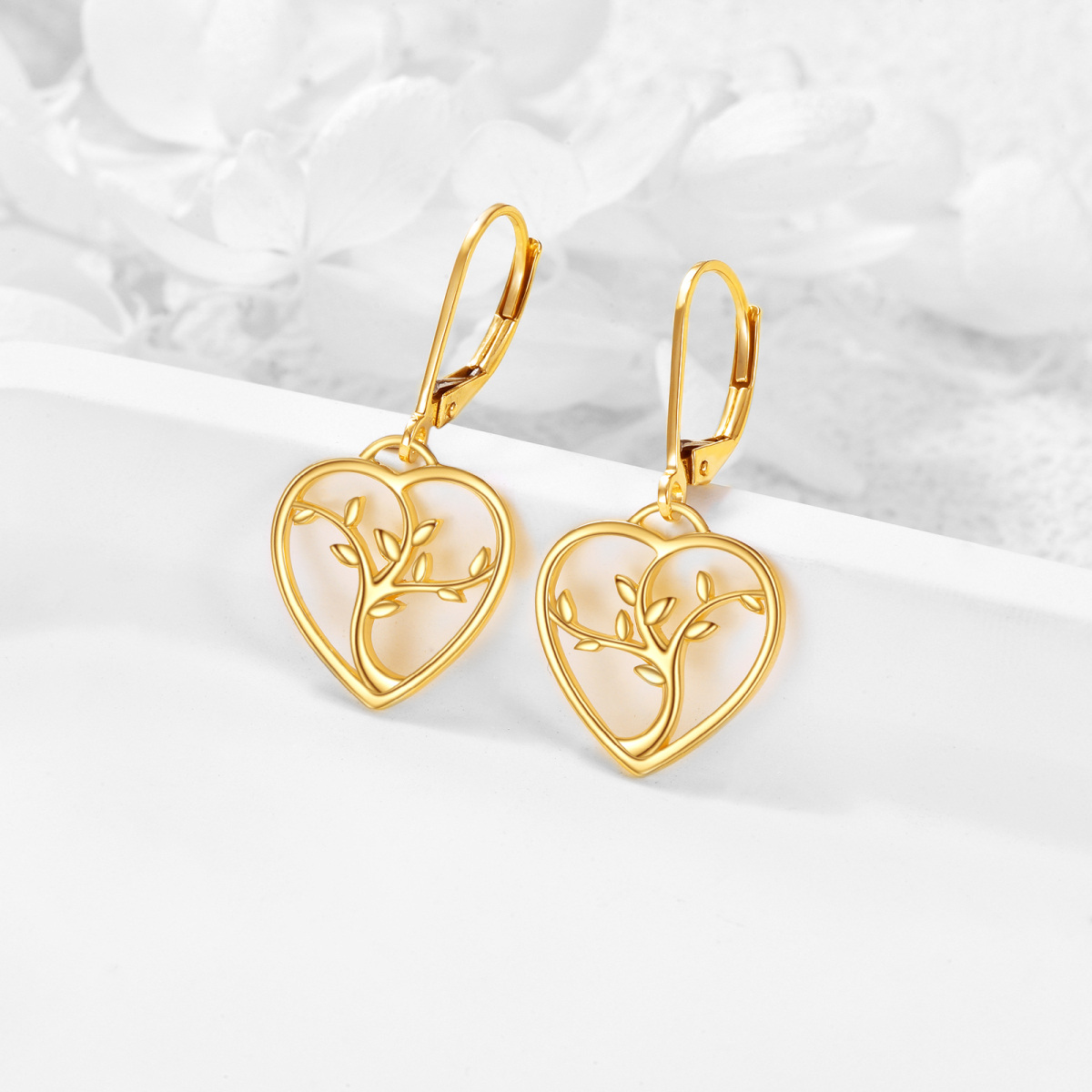 14K Gold Tree Of Life & Heart Drop Earrings-3