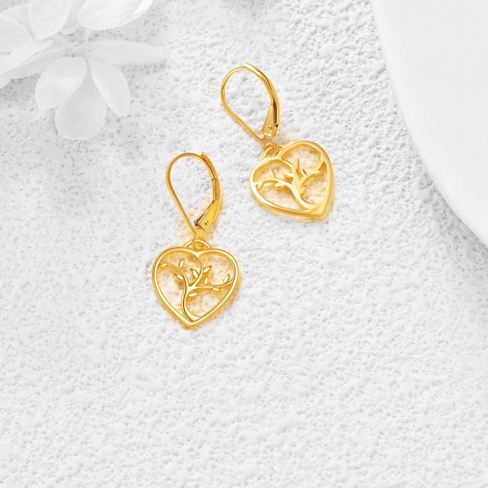 10K Gold Tree Of Life & Heart Drop Earrings-4