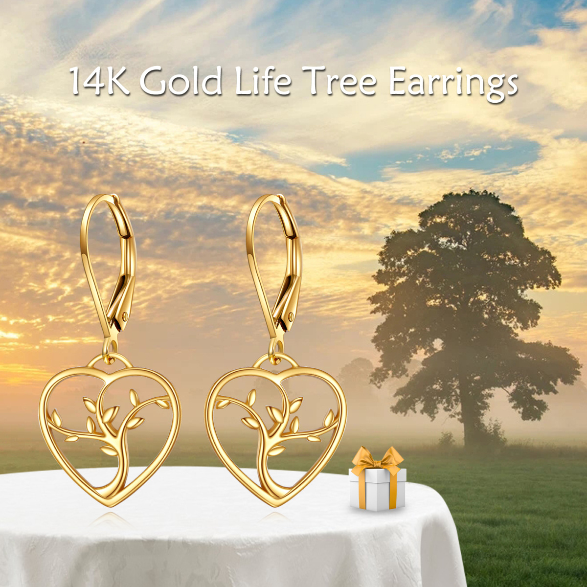 14K Gold Tree Of Life & Heart Drop Earrings-5