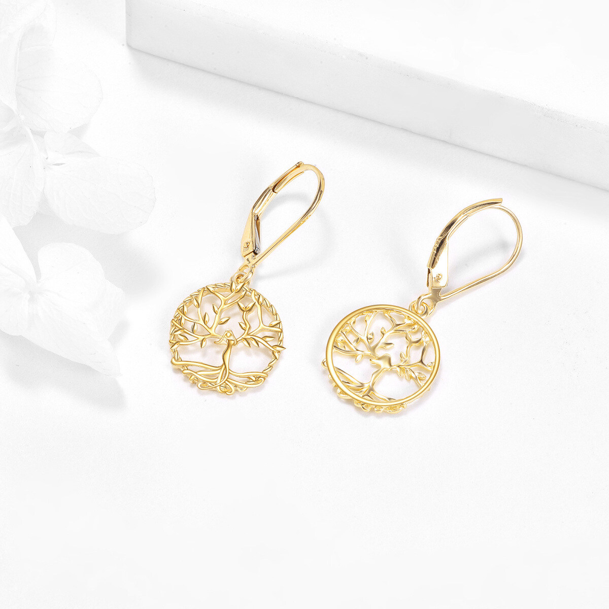 Boucles d'oreilles à levier en or 14K - Arbre de vie-5