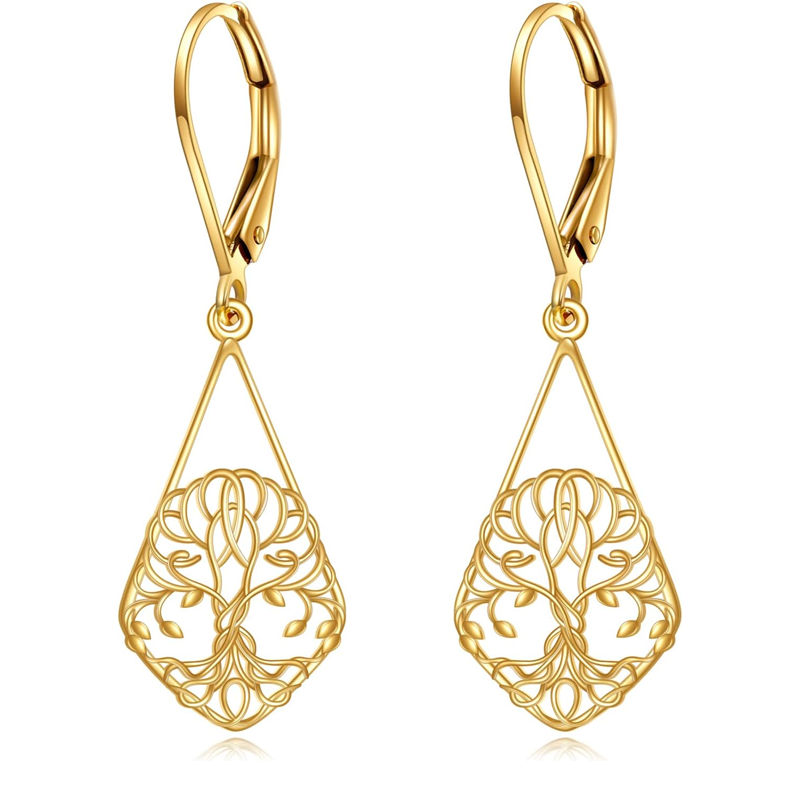 Pendientes con cierre de palanca en forma de árbol de la vida en oro de 14 quilates para mujer-1