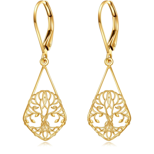 Boucles d'oreilles à levier en or 14 carats avec arbre de vie pour femme