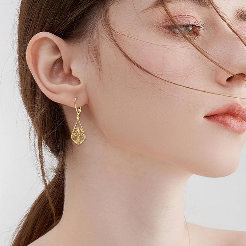 Pendientes con cierre de palanca en forma de árbol de la vida en oro de 14 quilates para mujer-2