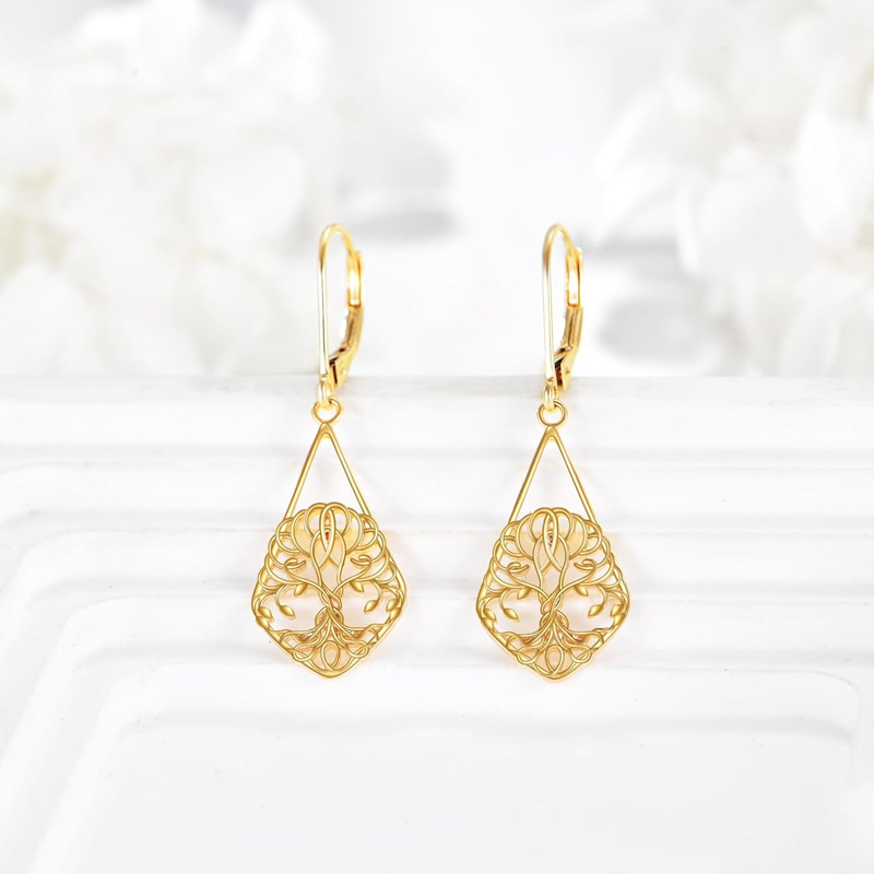 14K Gold Tree Of Life Lever-back Earrings for Women-3