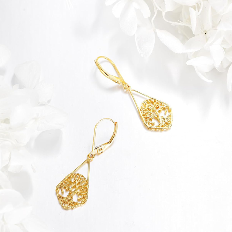 Pendientes con cierre de palanca en forma de árbol de la vida en oro de 14 quilates para mujer-4