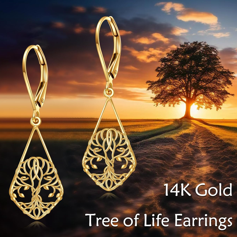 14K Gold Tree Of Life Lever-back Earrings for Women-6