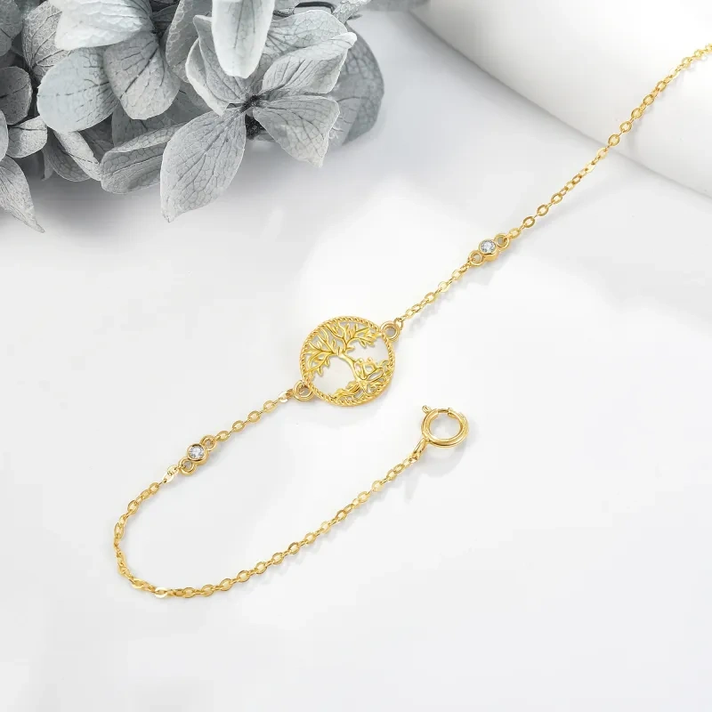 Bracelet en or 14K avec pendentif arbre de vie en zircon cubique-3
