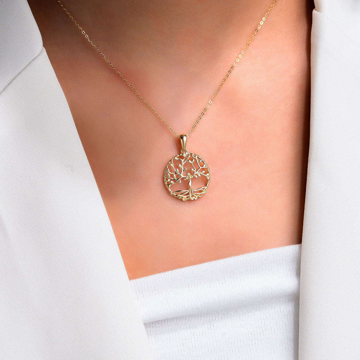 10K Gold Tree Of Life Pendant Necklace with Cable Chain-2