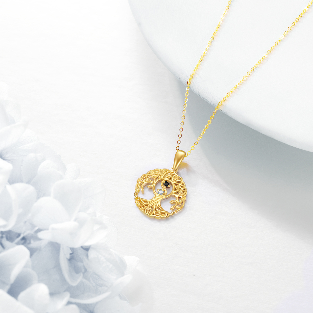 Halskette mit Lebensbaum-Anhänger aus 14 Karat Gold und Zirkonia-3