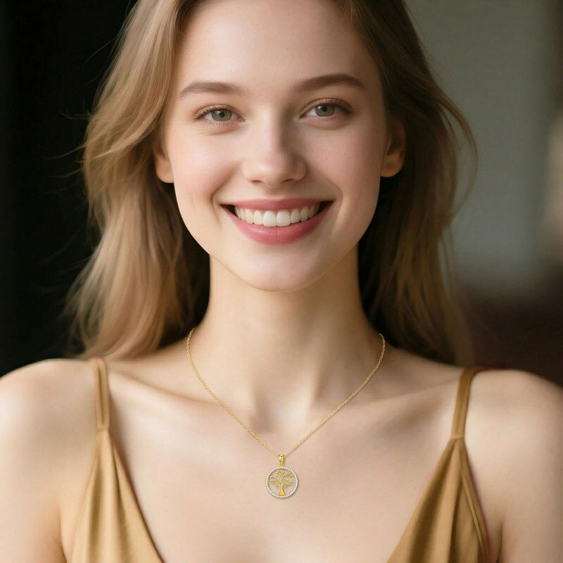 14K-Gold-Halskette mit Baum-des-Lebens-Anhänger aus kubischem Zirkonia-2