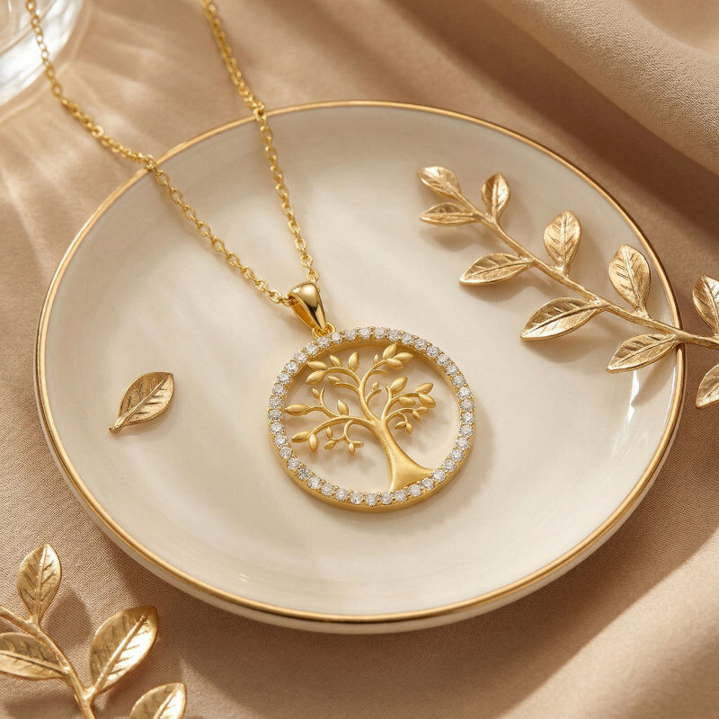 14K-Gold-Halskette mit Baum-des-Lebens-Anhänger aus kubischem Zirkonia-3