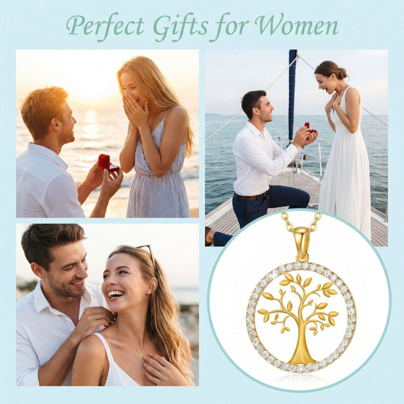 14K-Gold-Halskette mit Baum-des-Lebens-Anhänger aus kubischem Zirkonia-4