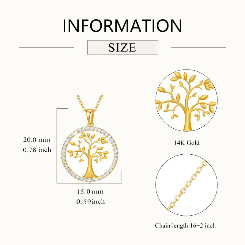 14K-Gold-Halskette mit Baum-des-Lebens-Anhänger aus kubischem Zirkonia-5