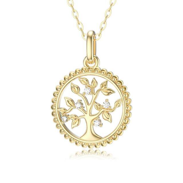 14K Gold Cubic Zirconia Tree Of Life Pendant Necklace-1