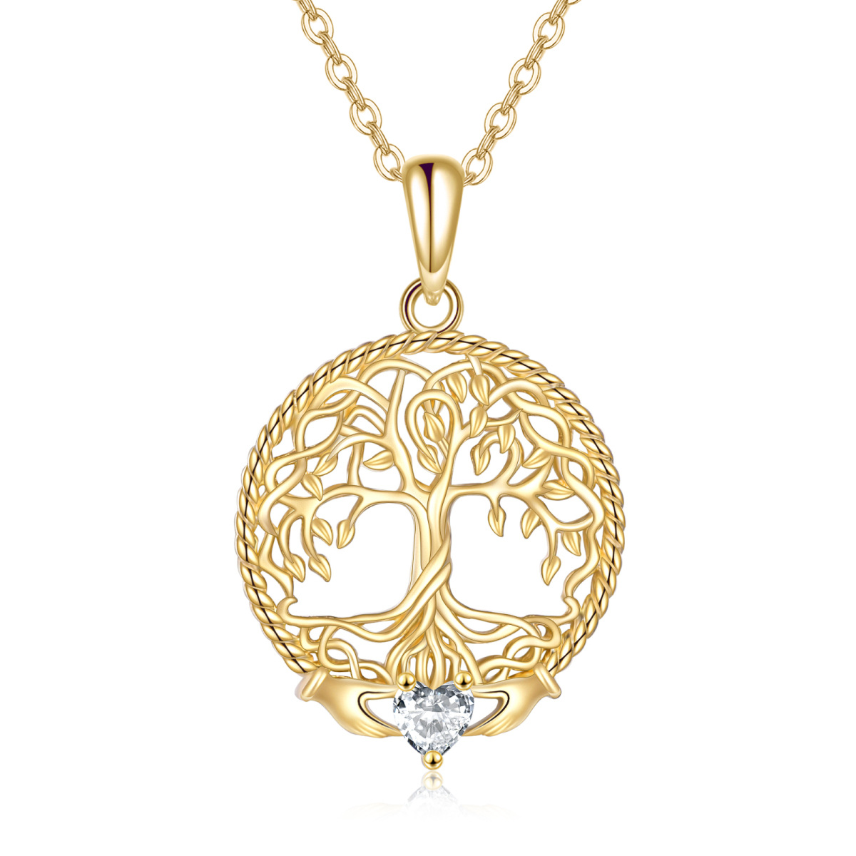 14K Gold Cubic Zirconia Tree Of Life Pendant Necklace-1