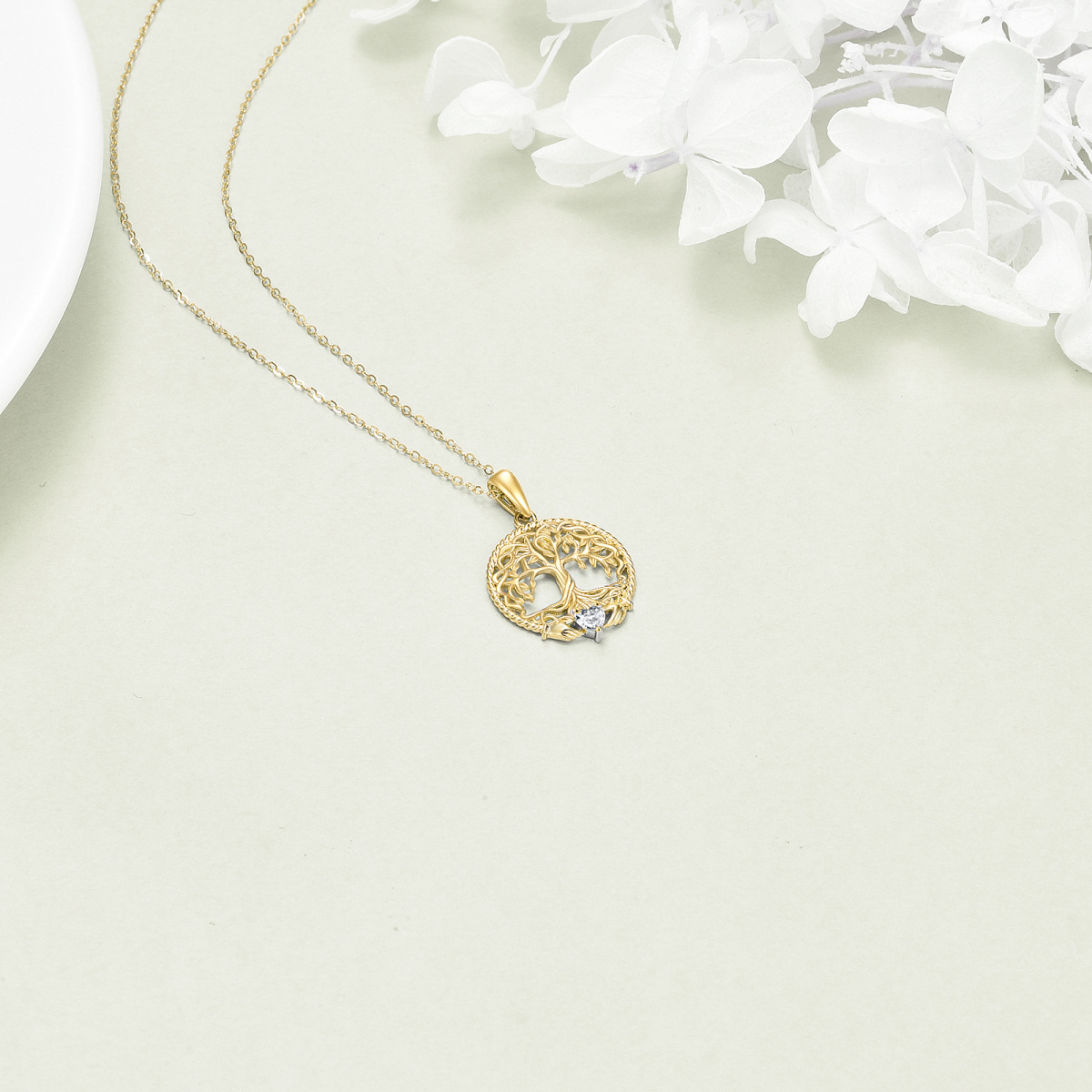 14K Gold Cubic Zirconia Tree Of Life Pendant Necklace-4