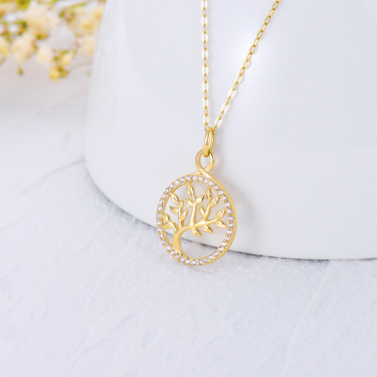 10K Gold Cubic Zirconia Tree Of Life Pendant Necklace-3