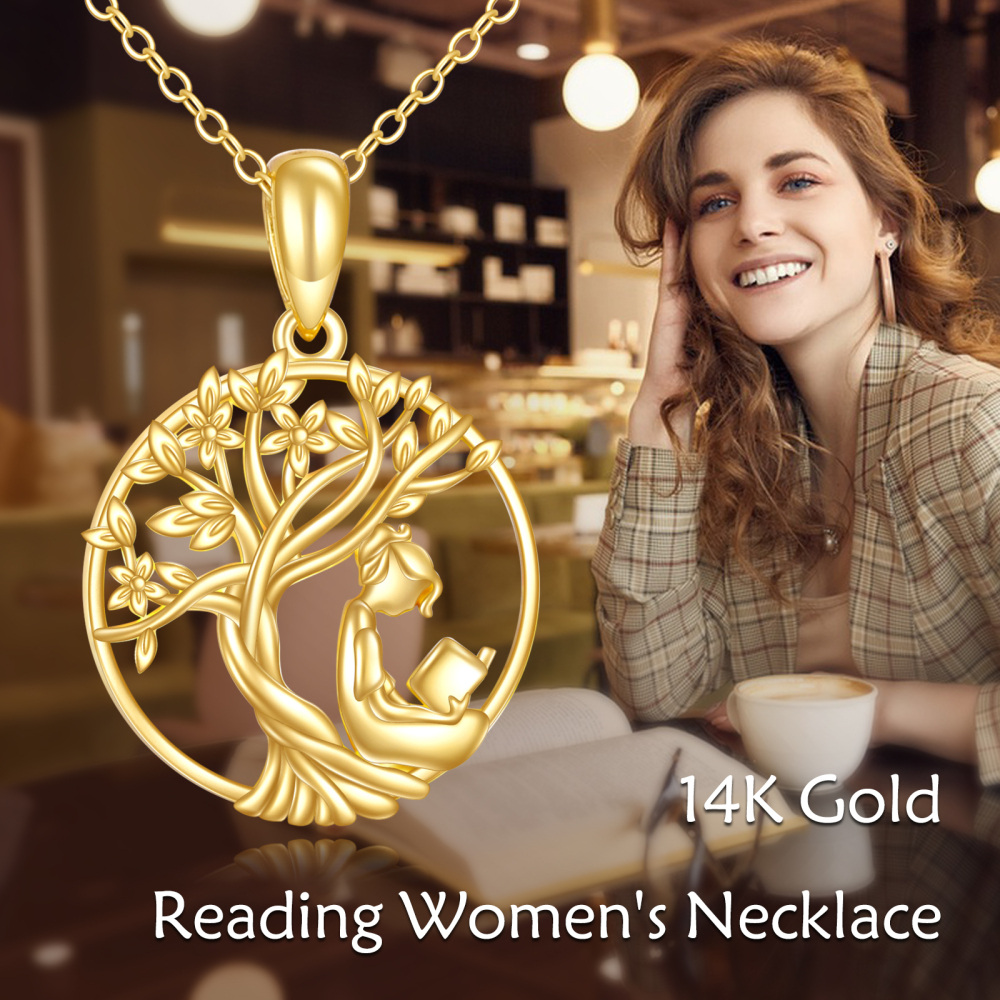 10K Gold Tree Of Life &Read Book Pendant Necklace-6