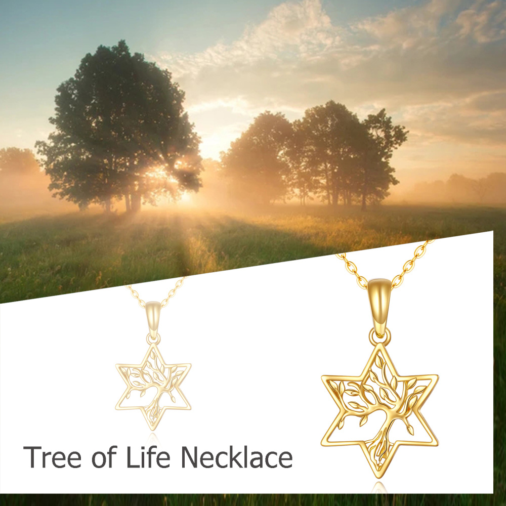 Collier avec pendentif arbre de vie et étoile de David en or 14 carats pour femme-5