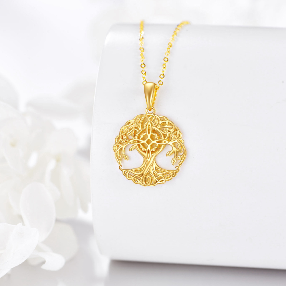 14K Gold Tree Of Life & Witch Knot Pendant Necklace-3