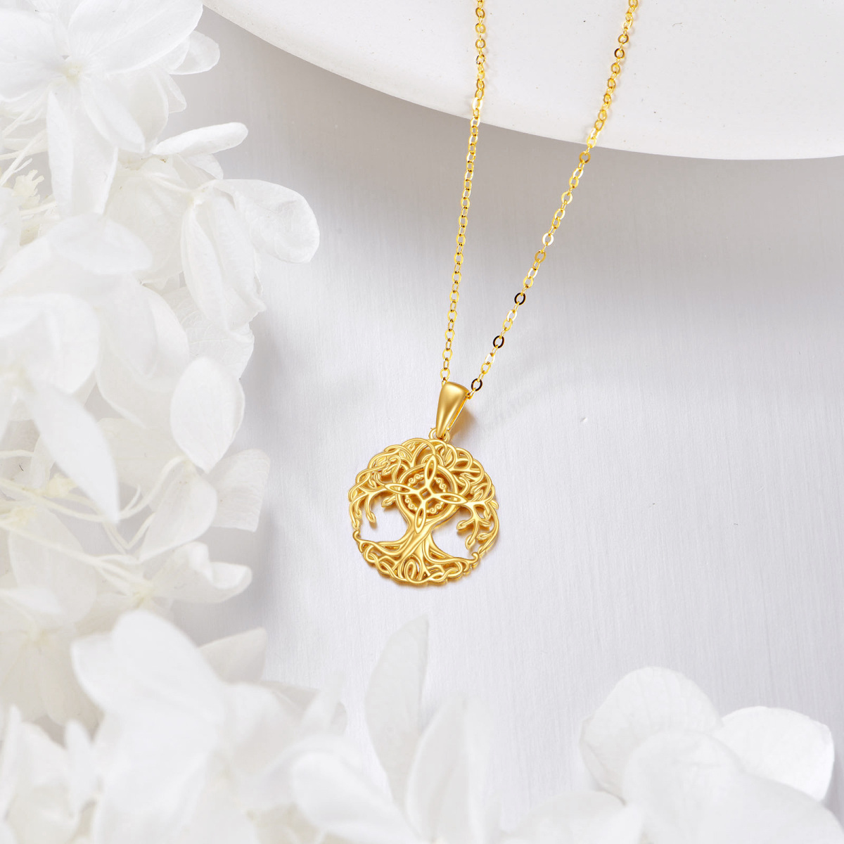 14K Gold Tree Of Life & Witch Knot Pendant Necklace-4