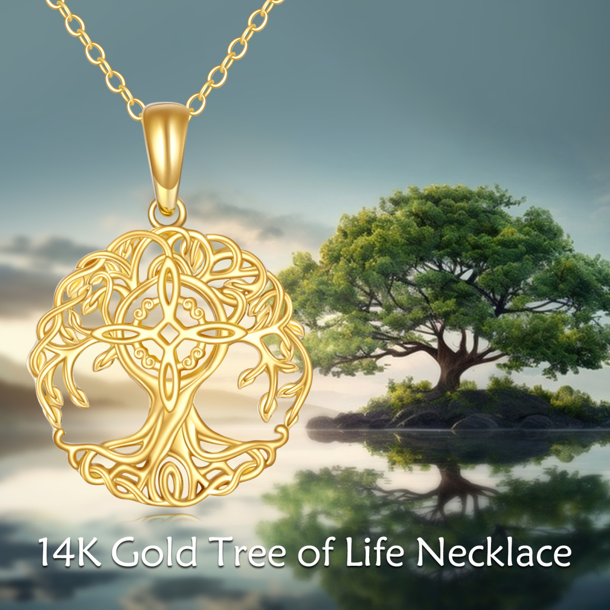 Collana con ciondolo a forma di nodo di strega con albero della vita in oro 14K-6