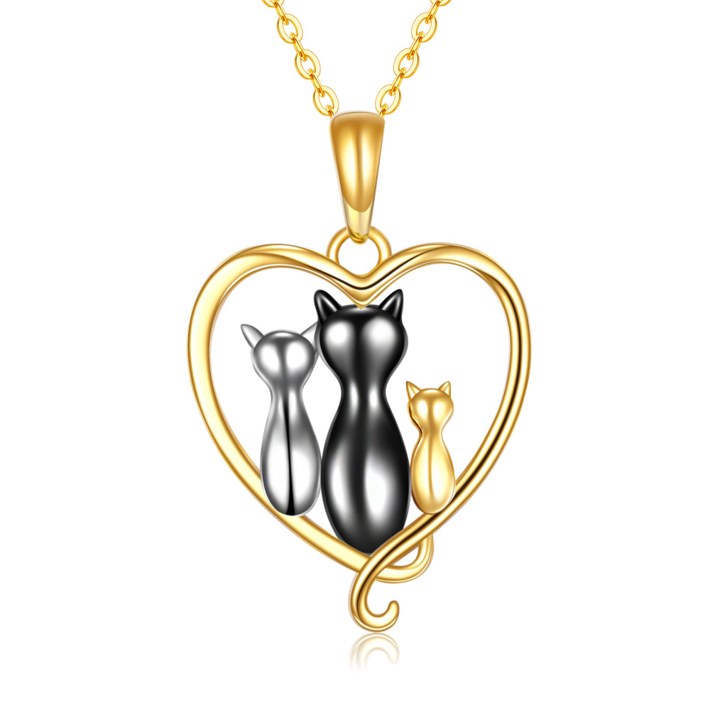 10K Gold Tri-tone Cat Family Heart Pendant Necklace-1