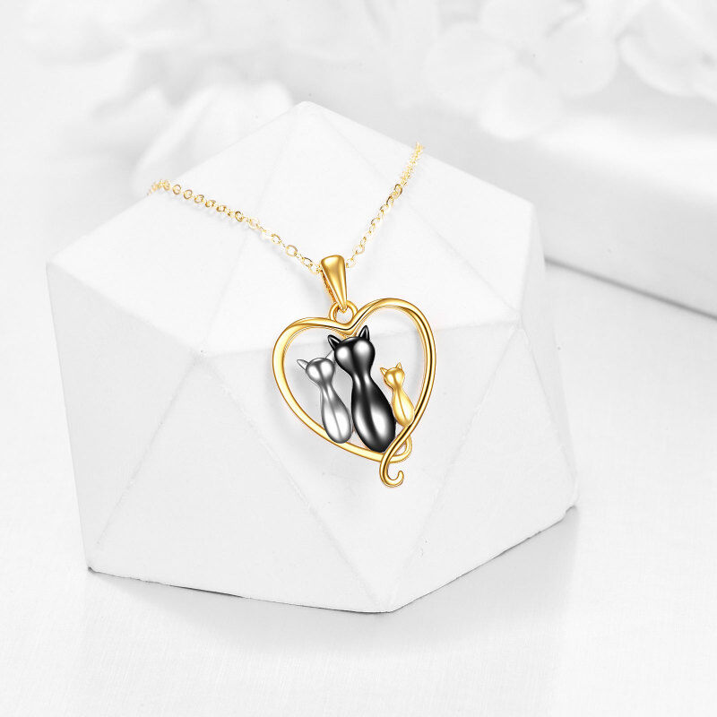 10K Gold Tri-tone Cat Family Heart Pendant Necklace-3