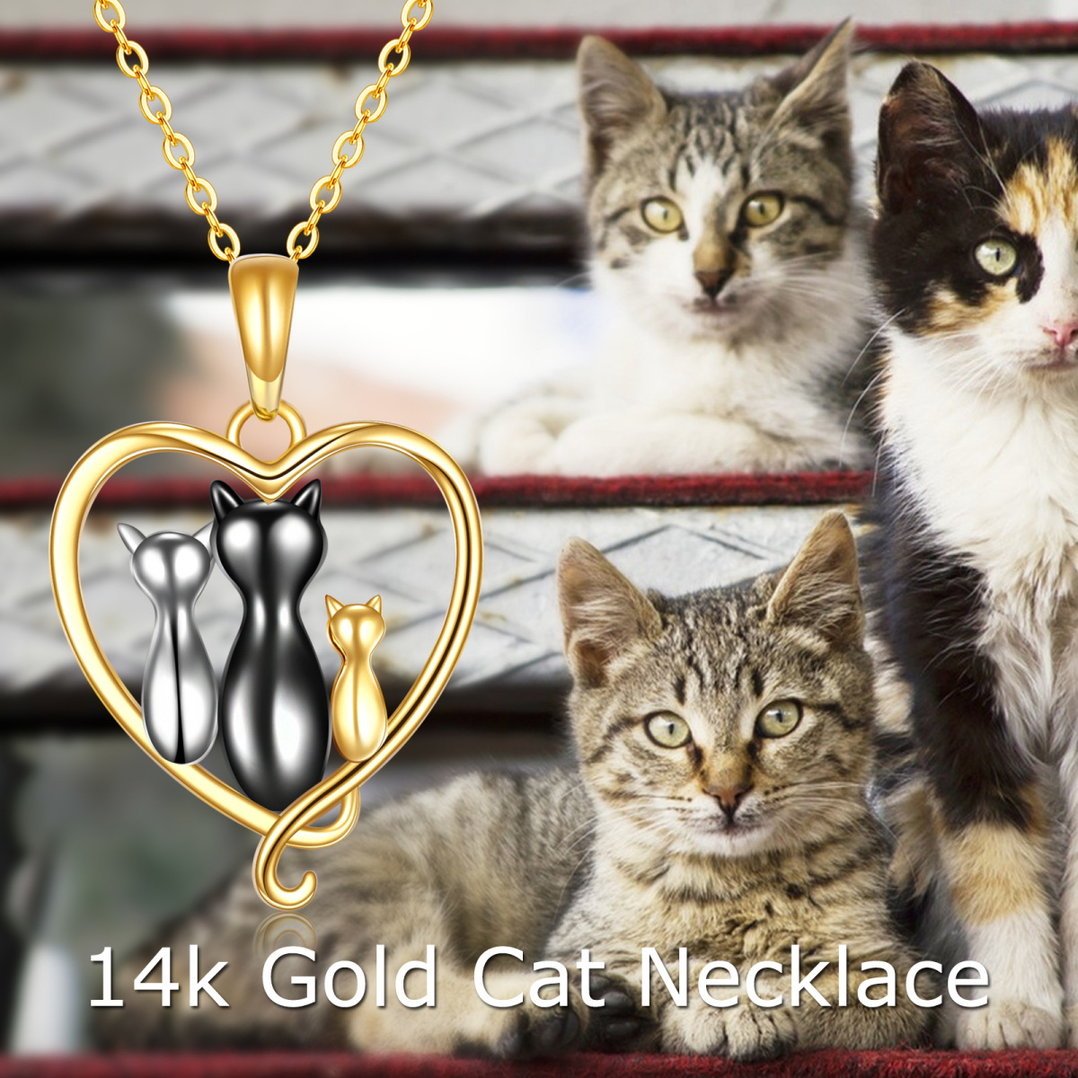 Collar de oro de 14 quilates de tres tonos Cat Family Heart Pendant-5