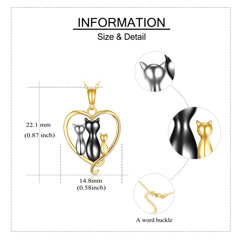 10K Gold Tri-tone Cat Family Heart Pendant Necklace-6
