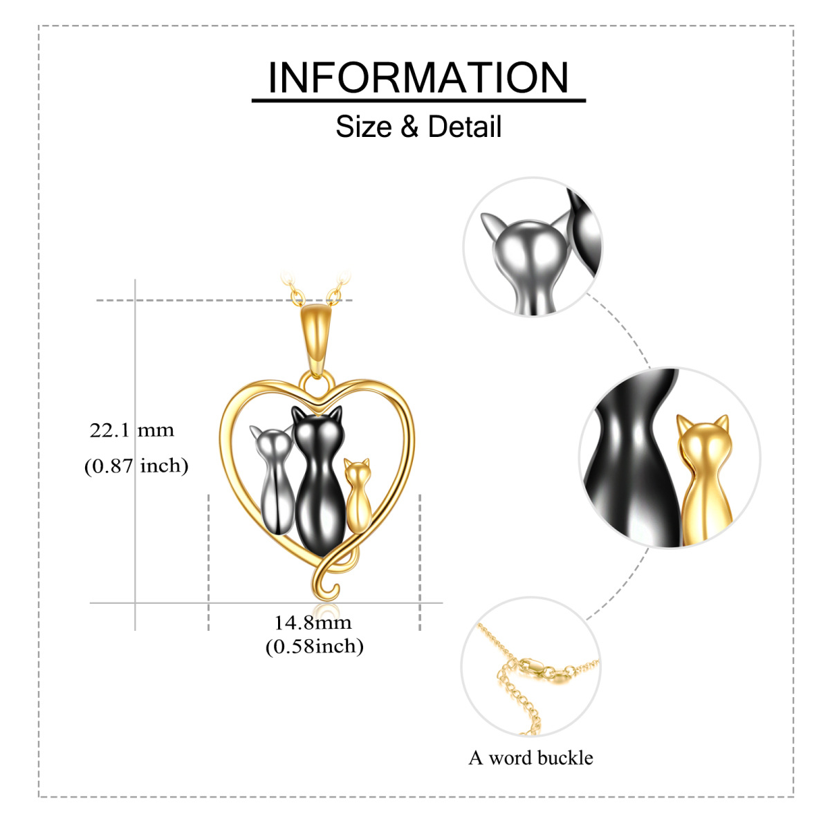 14-karatowy złoty naszyjnik z sercem w kształcie trójkolorowej rodziny kotów-6