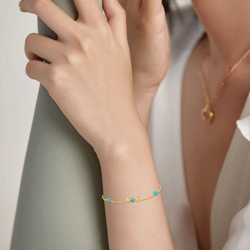 18K Gold Turquoise Butterfly Bead Station Chain Bracelet-2
