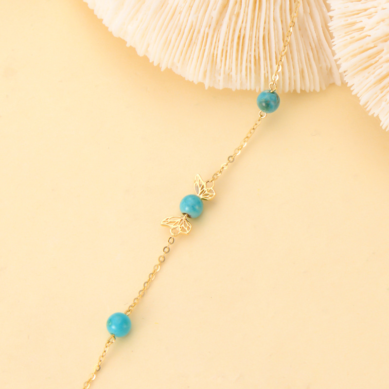 18K Gold Turquoise Butterfly Bead Station Chain Bracelet-3