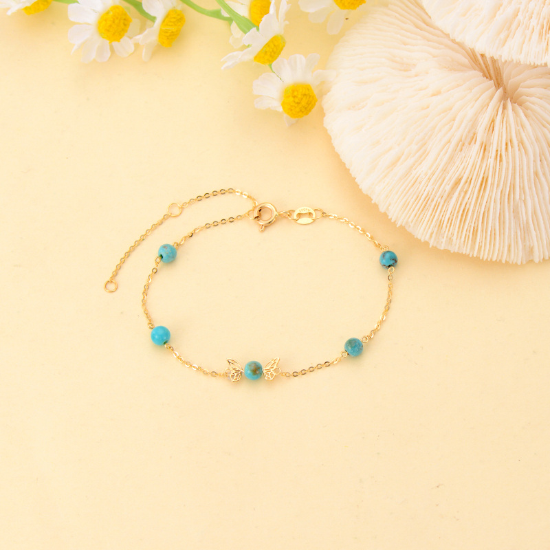 18K Gold Turquoise Butterfly Bead Station Chain Bracelet-4