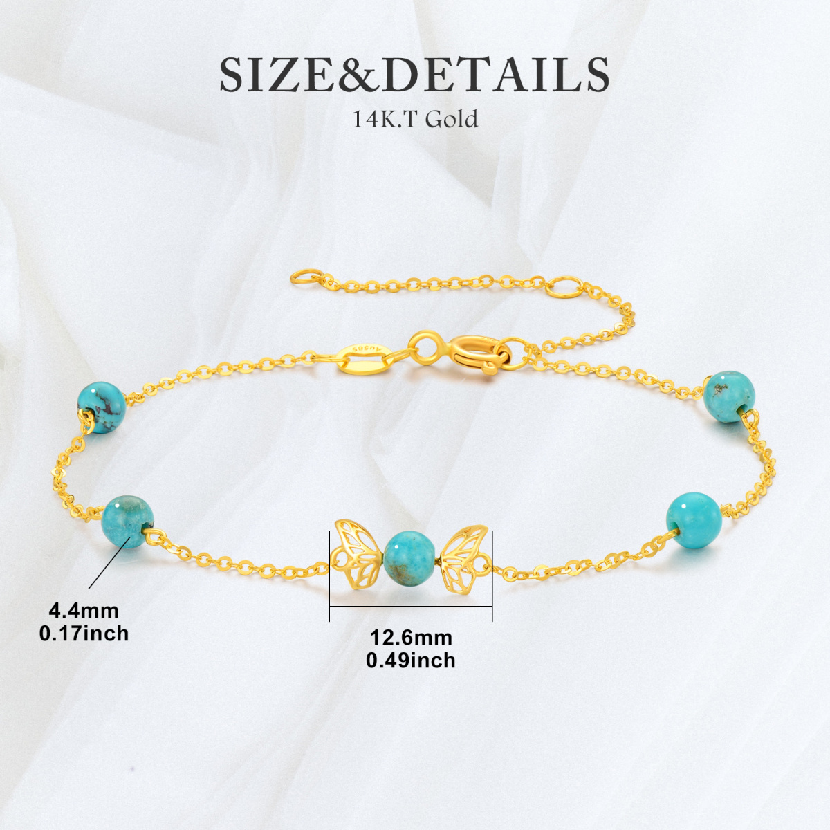 Bracelet chaîne de station de perles papillon turquoise en or 14 carats-5