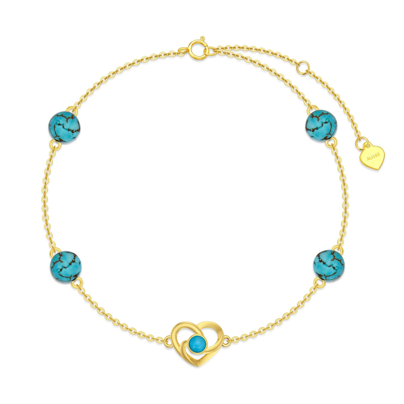 10K Gold Turquoise Celtic Knot & Heart With Heart Charm Bracelet for Women-1