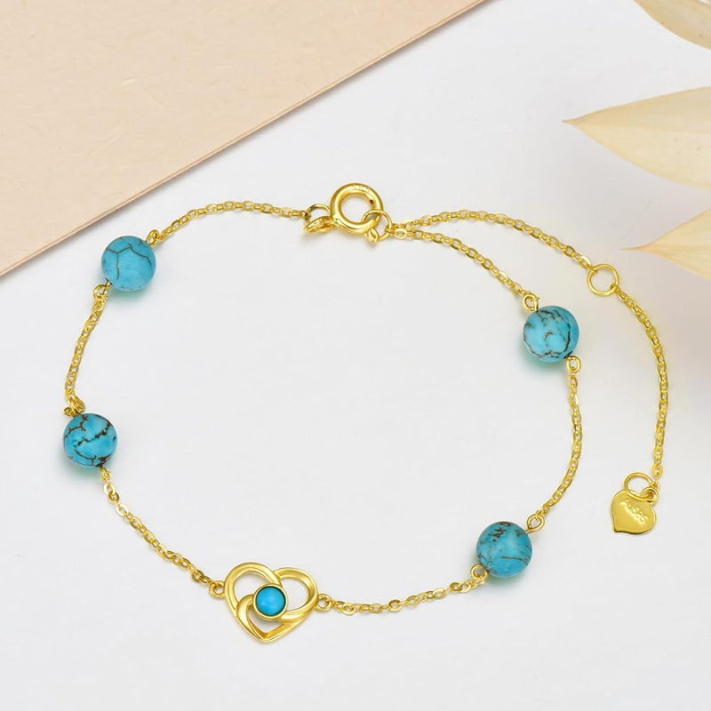 18K Gold Turquoise Celtic Knot & Heart With Heart Charm Bracelet for Women-3