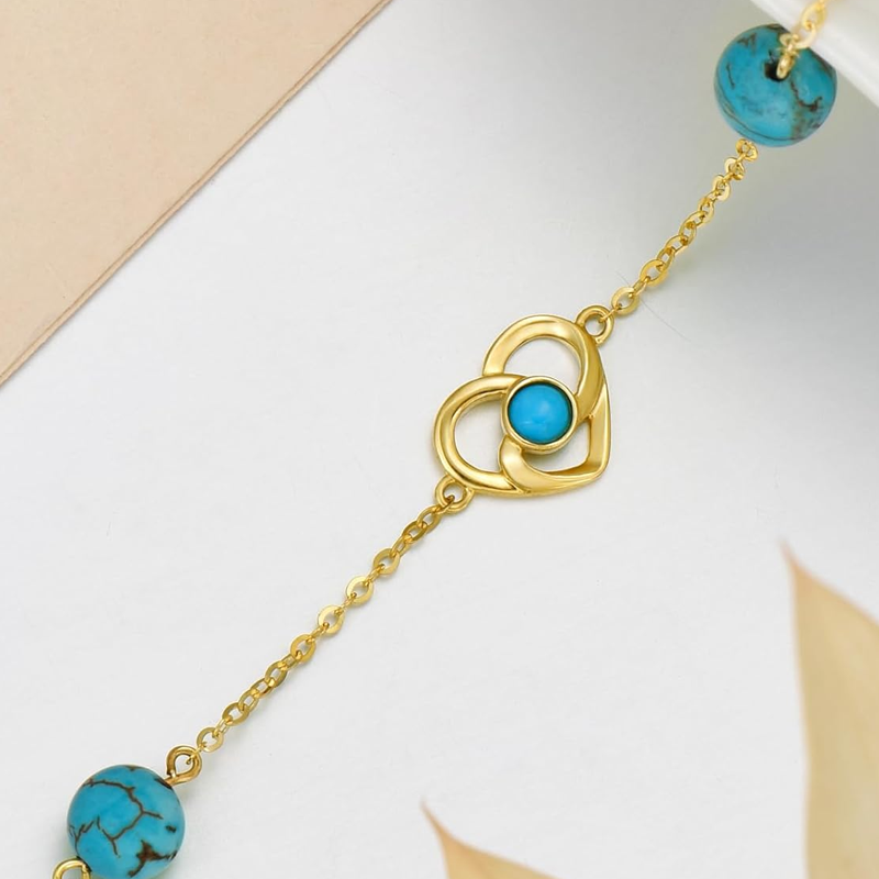 10K Gold Turquoise Celtic Knot & Heart With Heart Charm Bracelet for Women-4