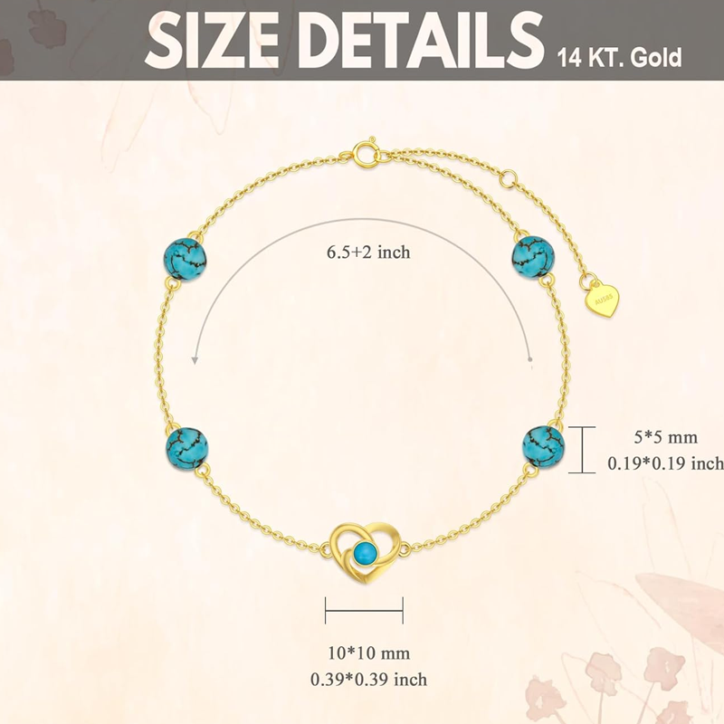 10K Gold Turquoise Celtic Knot & Heart With Heart Charm Bracelet for Women-5